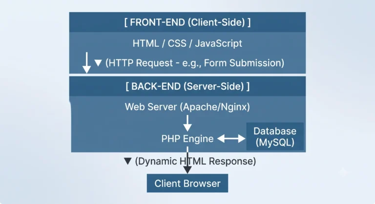 Introduction to PHP client server architecture diagram with database