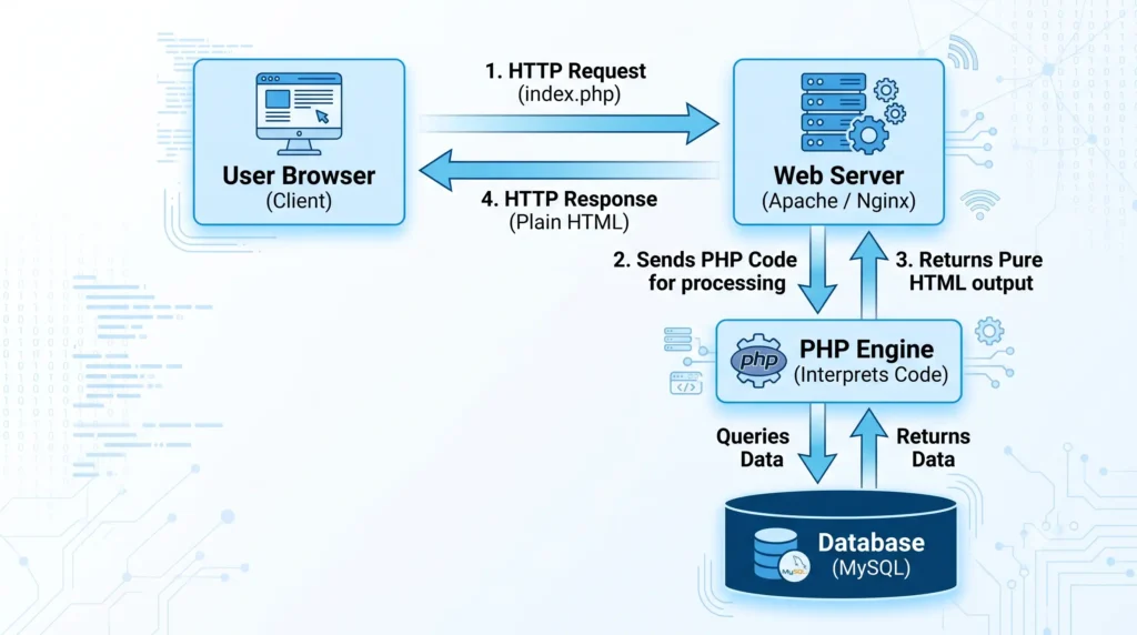 Introduction to PHP client server working lifecycle and MySQL database architecture diagram